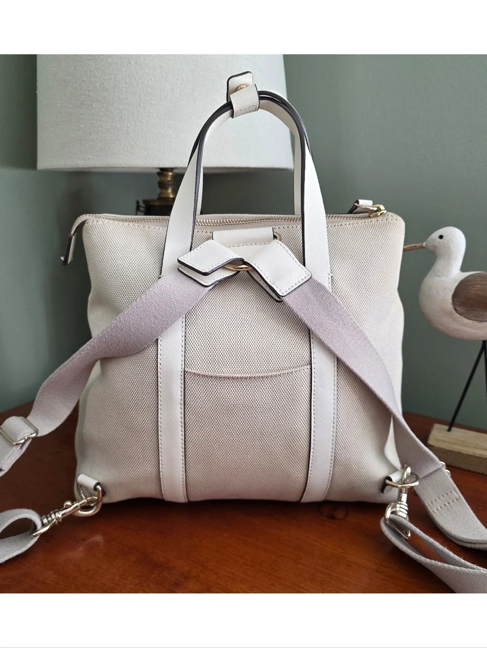 Henri Bendel Jetsetter Convertible Backpack Cream Canvas Leather Bag